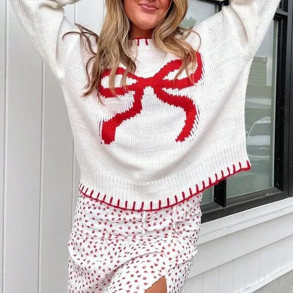 White Casual Women's Butterfly Knit Jacquard Long Sleeve Pullover Sweater - Picture 2 of 6